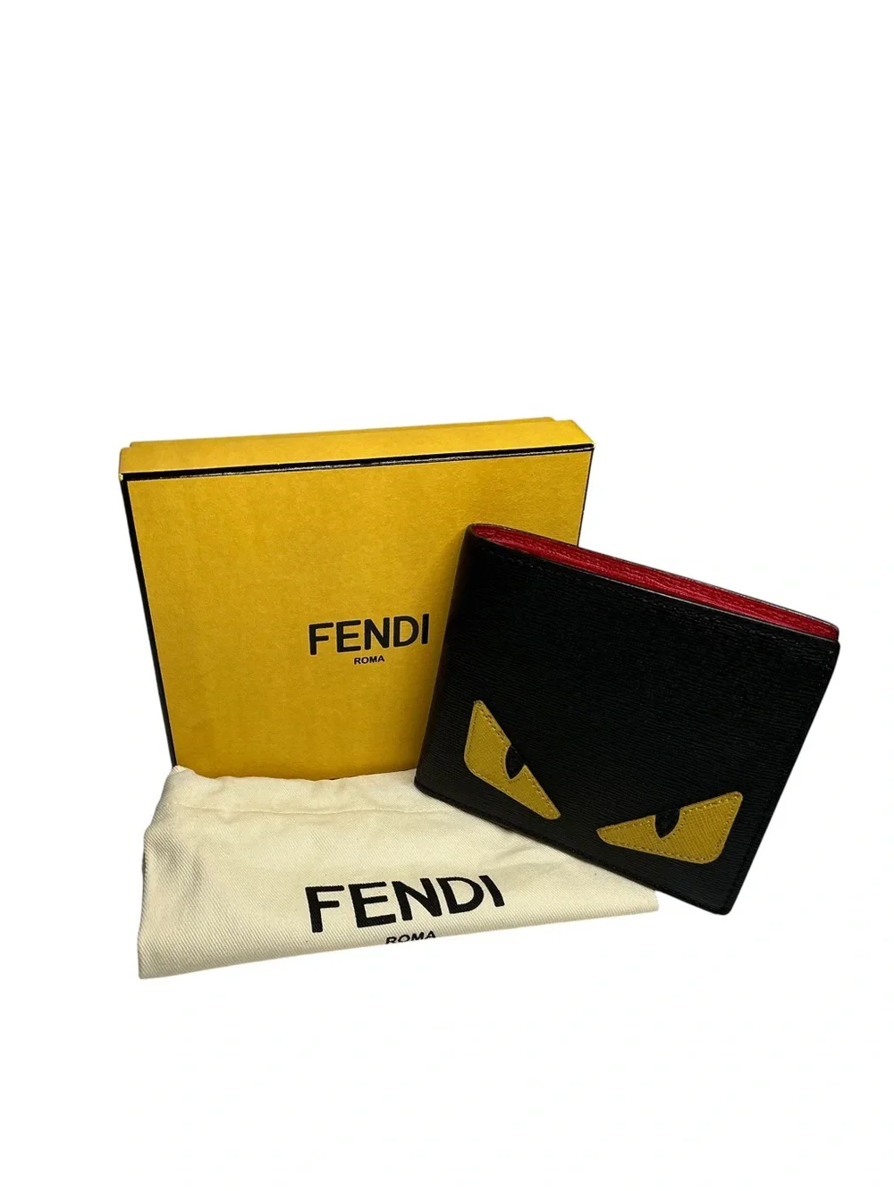 Authentic Fendi monster eyes Men’s Black & Yellow Leather Bifold Wallet